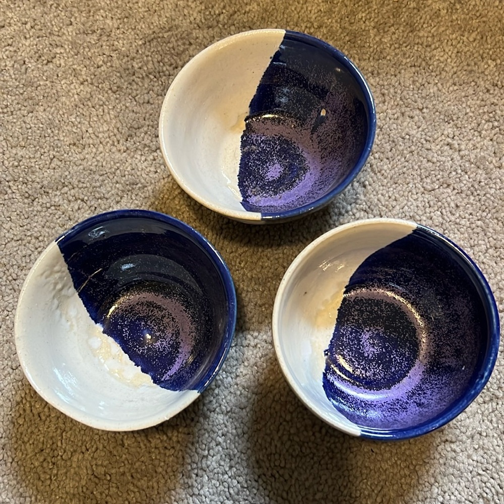 Set of 3 handmade pottery bowls, blue/purple and white glaze